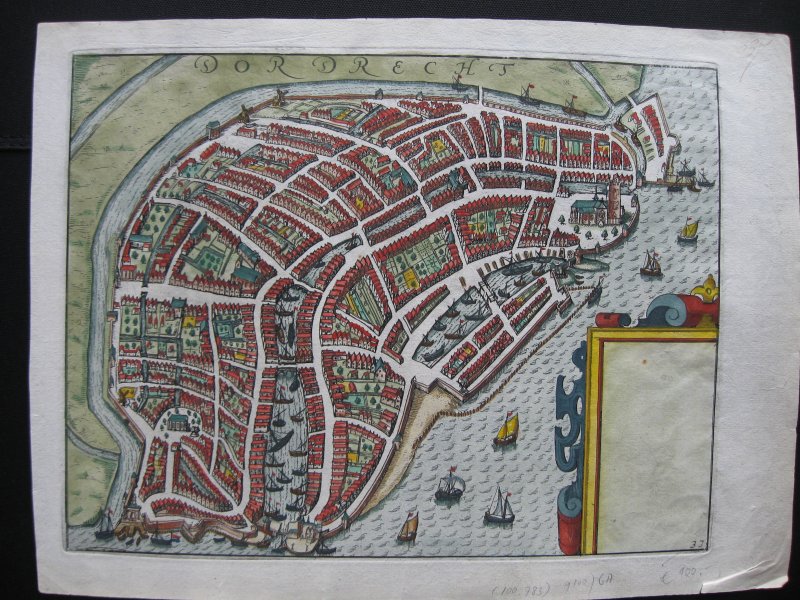 Guicciardini Lodovico  (€ 99) en ook: Braun en Hogenberg, uitgegeven te Keulen (€ 225) - gravure Dordrecht plattegrond kaart