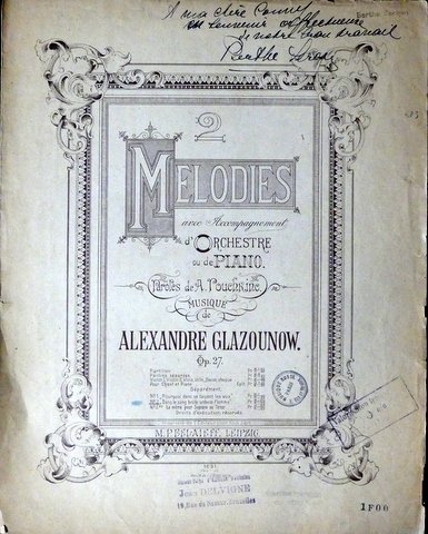 Glasunow, Alexander: - 2 mélodies avec accompagnement d`orchestre ou de piano. Op. 27. No. 2. Dans le sang brûle ardent flamme [chant & piano]