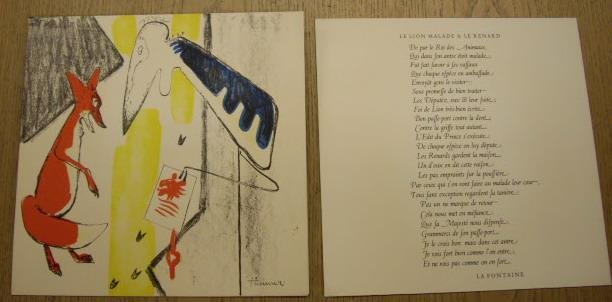LA FONTAINE., KWADRAAT-BLAD., QUADRAT-PRINT; STEENDRUKKERIJ DE JONG. (ED.) - De zieke leeuw en de vos. Le lion & le renard