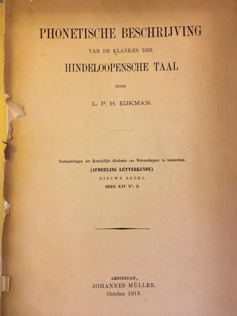 Eijkman, L.P.H. - PHONETISCHE  BESCHRIJVINGEN  VAN  DE  KLANKEN  DER  HINDELOOPENSCHE  TAAL