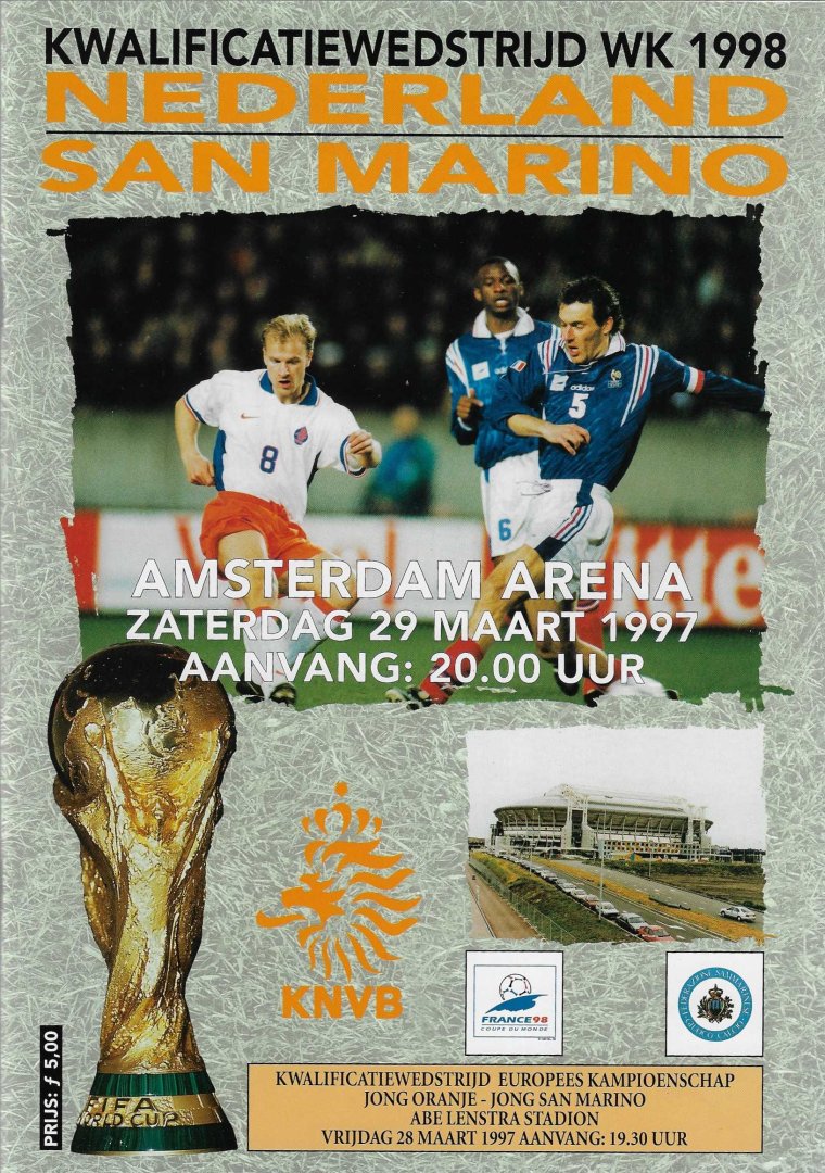  - Programmaboekje Kwalificatiewedstrijd WK 1998 Nederland - San Marino