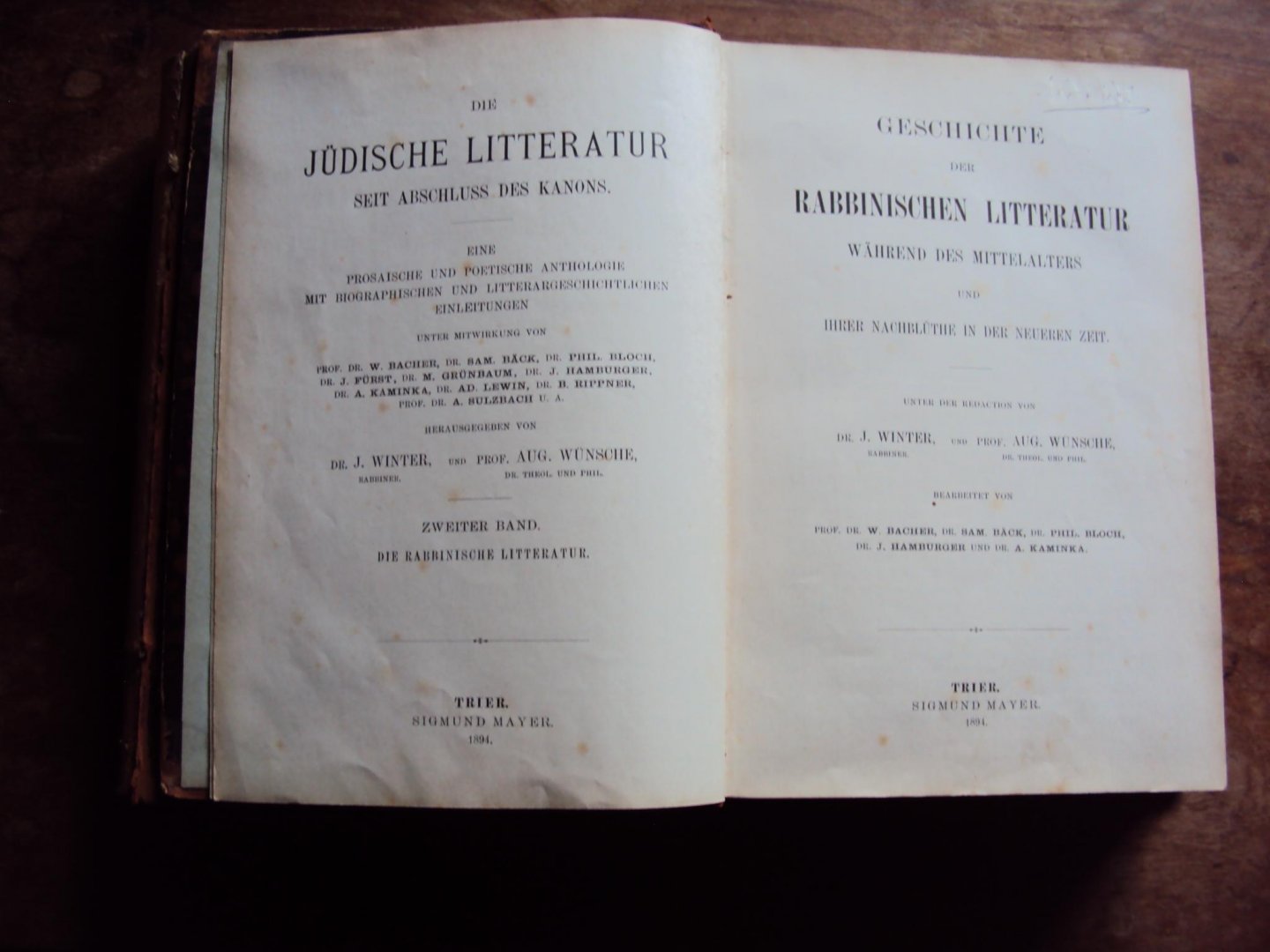 Winter, J. / August Wünsche - Die jüdische litteratur seit Abschluss des Kanons. Band 2: Geschichte der rabbinischen Litteratur während des Mittelalters und ihrer Nachblüthe in der neueren Zeit