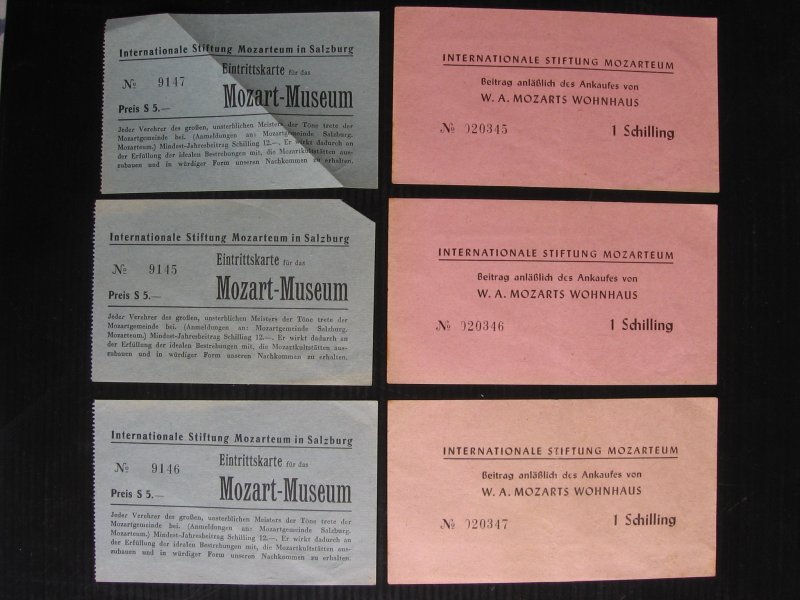 - 6 tickets voor het Mozart Museum en het  Mozart Wohnhaus te Salzburg, jaren ' 50