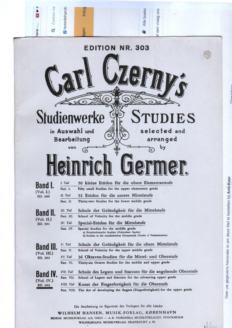 Czerny Carl  geselecteerd door Heinrich Germer - Studienwerke Editie 303