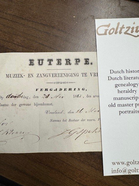  - Euterpe. Muziek- en zangvereniging te Vreeland. Uitnodiging/invitation for the vergadering on 21 May 1863 dated 16 May 1863 and signed by J.G. Spekschoor (?).