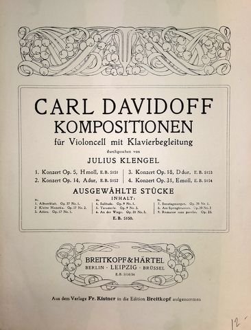 Davidoff, Carl: - Kompositionen für Violoncell mit Klavierbegleitung durchgesehen von Julius Klengel. 2. Konzert, op. 14, A-Dur