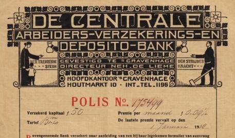 (HAHN sr., Albert). De CENTRALE ARBEIDERS-VERZEKERINGS- EN DEPOSITO-BANK - Levensverzekeringspolis ter waarde van vijftig gulden ten bate van de erven van Jantje Barelds (geb. 1909) te Assen.