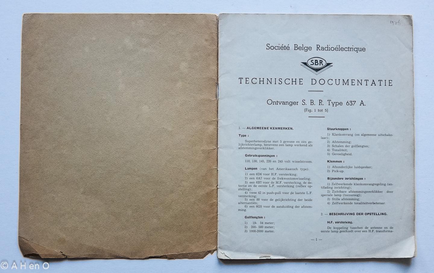SBR Société Belge Radio-Electrique, Bruxelles - Technische documentatie Ontvanger S.B.R. Type 637 A