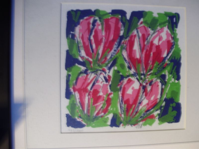 Hassel, Ad van (Roosendaal - 1953) - 2 x (kl)zeefdruk - 20.5 x 20.5 - rode & gele tulpen