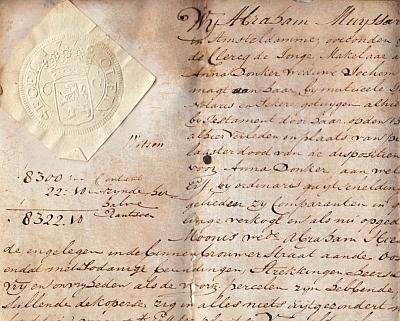 AMSTERDAMS DOCUMENT - Acte betreffende de verkoop van een huis aan de Binnen Brouwersstraat oostzijde door de vertegenwoordiger van Anna Donker, wed. Jochem Blank aan Geertrui Hiessink-Moonis ten overstaan van schepenen Abraham Muyssart en Franc van der Goes, 9 mei...