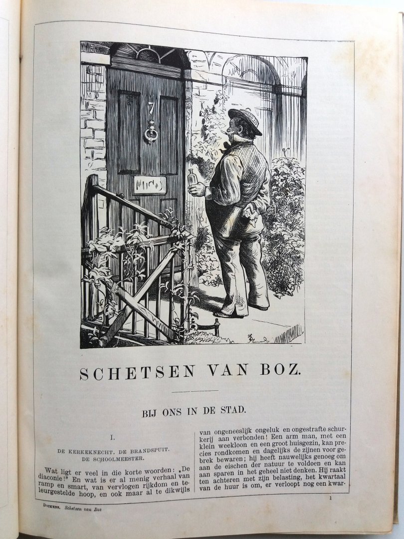 Dickens, Charles - Schetsen van Boz (Vertaling van Mevrouw van Westrheene en C.M. Mensing - Houtgravuren naar teekeningen van F. Barnard)