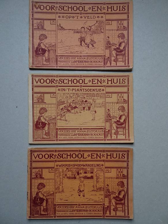 Sutorius, Anna & B. Midderigh-Bokhorst. - Voor school en huis. In 't plantsoentje. Op 't veld. Wimmie op de wandeling. 3 delen.