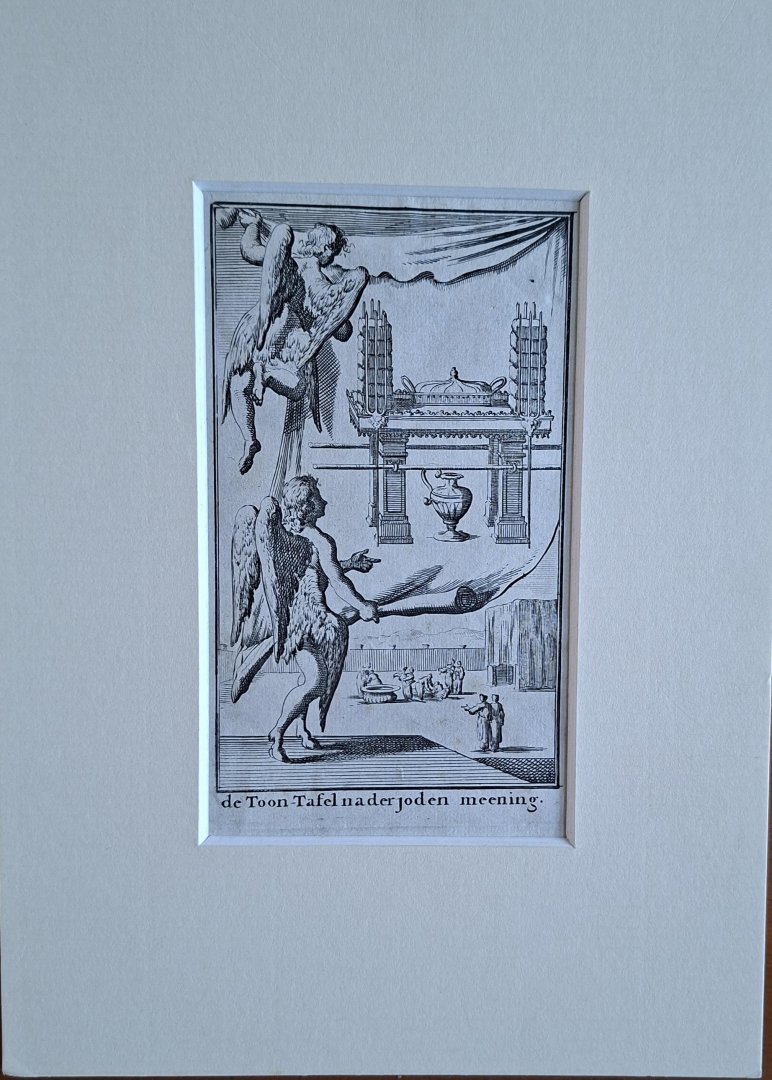  - Engelen bekijken het ontwerp voor de Tafel der Toonbroden. De Toon-Tafel na der joden meening, ets van Jan Luyken uit 1683. in passe-partout.