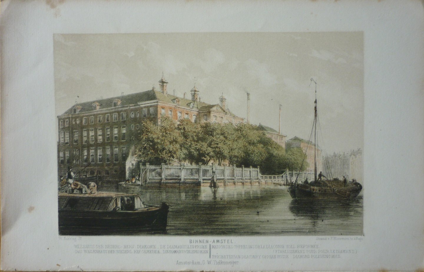 Witkamp, P.H.  Hekking, W. - Binnen-Amstel. De Diamantslijperijen. Originele kleurenlitho.