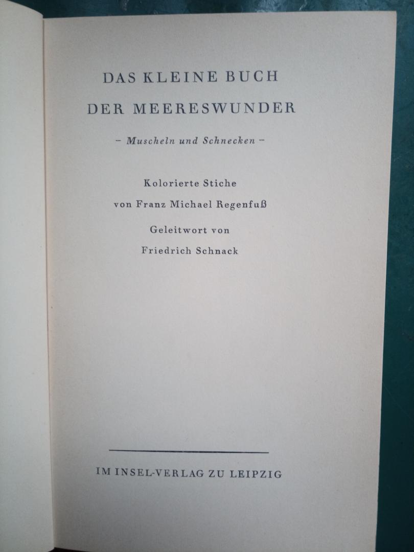 Friedrich Schnack         kolorierte stiche von F . M. Regenfuss - Das kleine buch der meereswunder      - Muscheln und Schnecken -