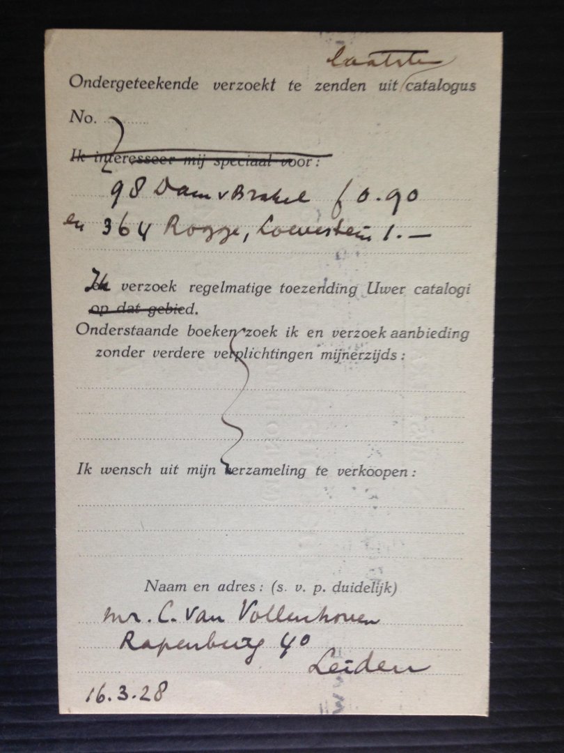  - Oude briefkaart 1928, Internationaal Antiquariaat Hertzberger, nr 7
