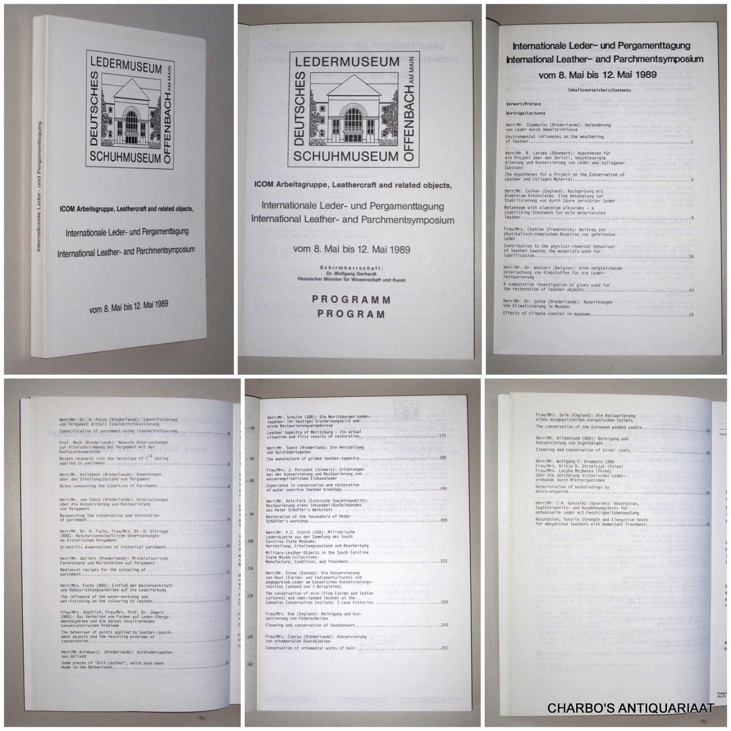 DEUTSCHES LEDERMUSUM, - ICOM Arbeitsgruppe, Leathercraft and related objects. Internationale Leder- und Pergamenttagung. International leather- and parchmentsymposium, vom 8. Mai bis 12. Mai 1989. Programm, program.