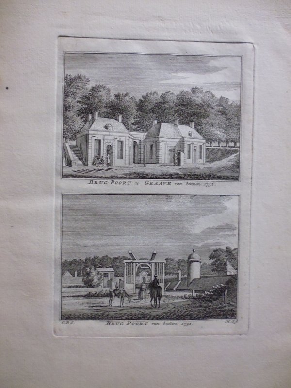 H. Spilman - Brug Poort te Graave van binnen / Brug Poort van buiten 1732 - Originele kopergravure