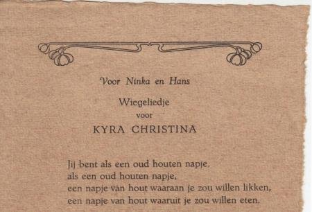 (SUB SIGNO LIBELLI) - Wiegeliedje voor Kyra Christina.