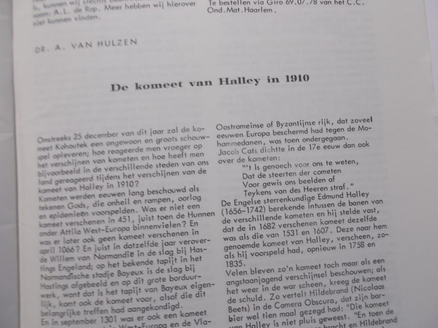 Hulzen, Dr. A. van - De komeet van HALLEY in 1910