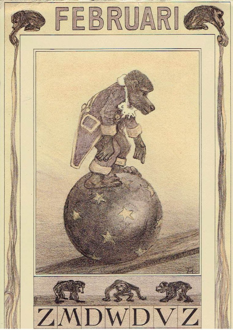 HOYTEMA, Theo van [HOIJTEMA] - Kalenderblad T. v. Hoytema - [aap op bal] - februari - kalenderjaar 1909.