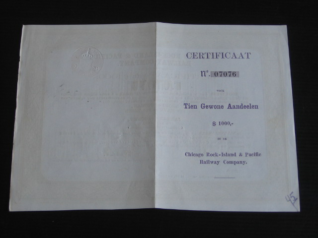 Certificaat - Chicago Rock-Island & Pacific Railway Company