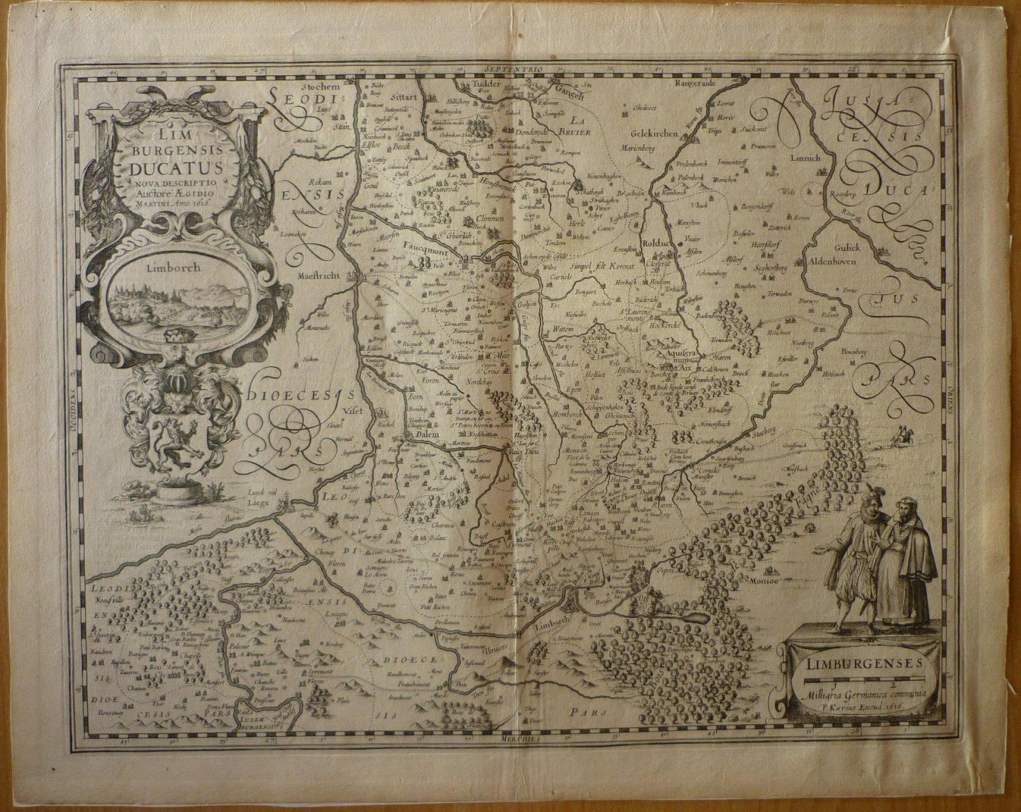 Kaerius, Petrus [Pieter van der Keere] - Limburgensis Ducatus nova descriptio Auctore Aegidio Martini Anno 1616 Originele kopergravure