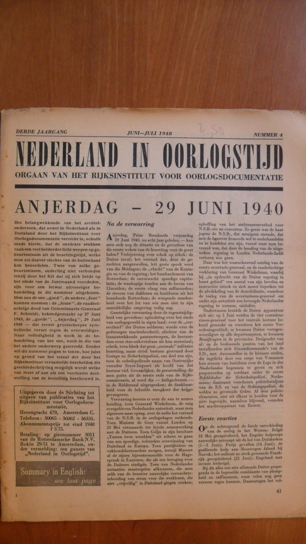 Redactie - Nederland in Oorlogstijd nr.4 met o.a. "Anjerdag" in documenten /De dood van Fritz Schmidt en meer