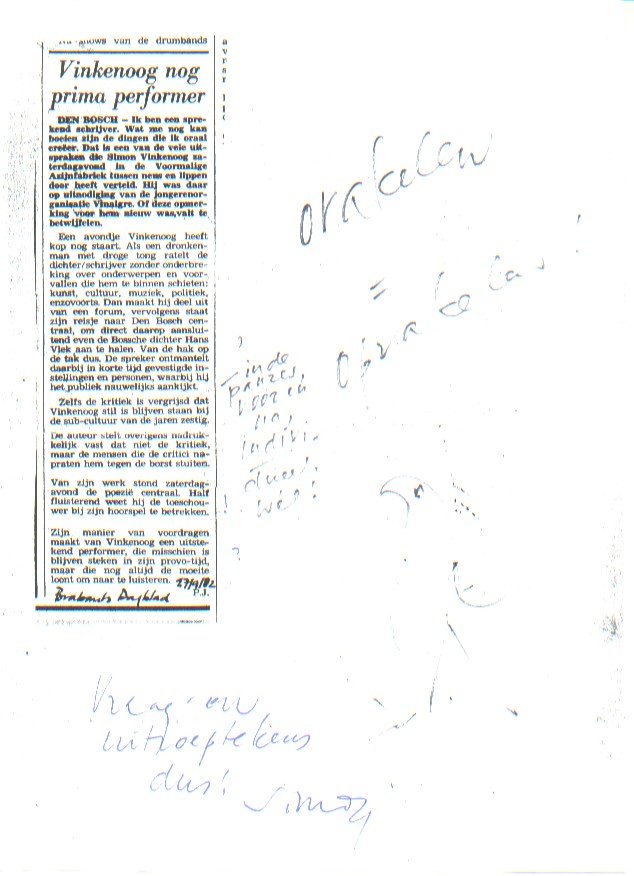 Vinkenoog, Simon - Fotokopie van fotokopie van kranteknipsel met enkele handgeschreven aantekeningen.