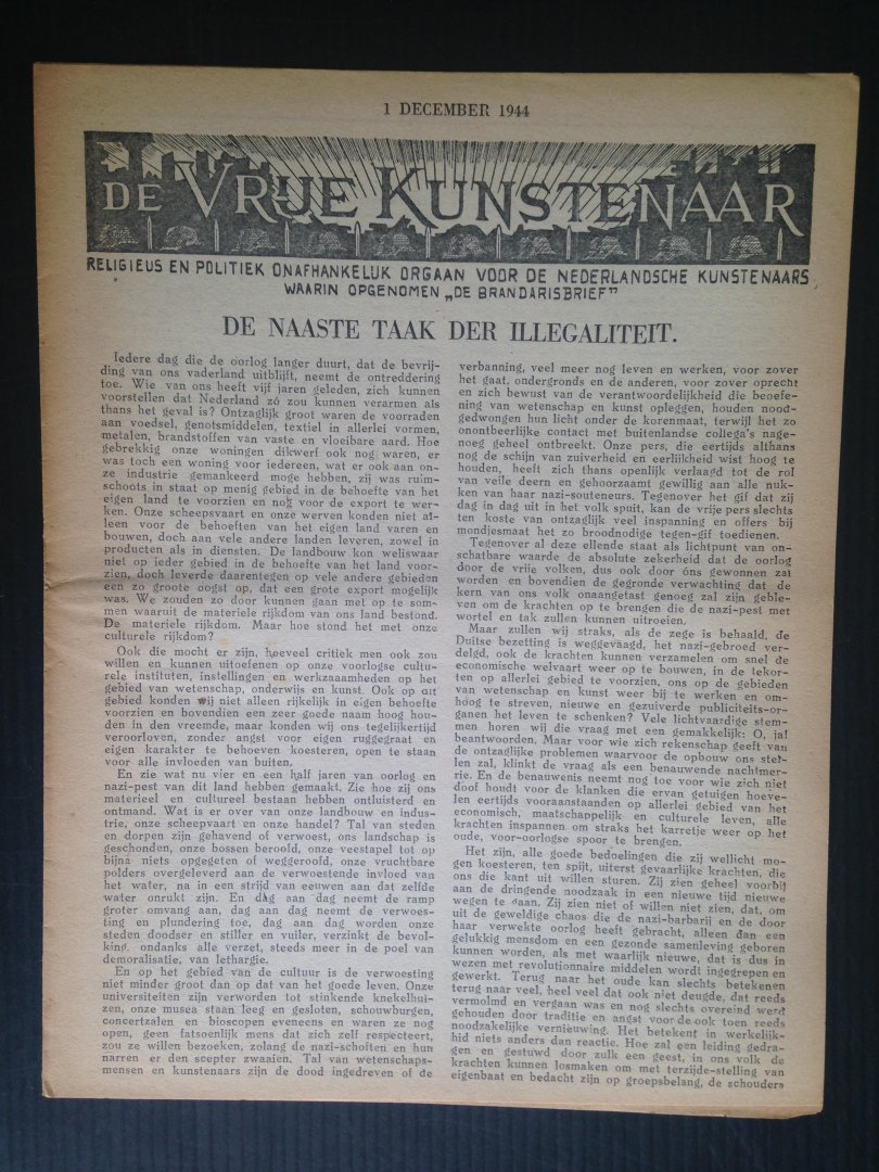  - Verzetskrant De Vrije Kunstenaar, Religieus en politiek onafhankelijk orgaan voor de Nederlandsche kunstenaars waarin opgenomen ?De Brandarisbrief?