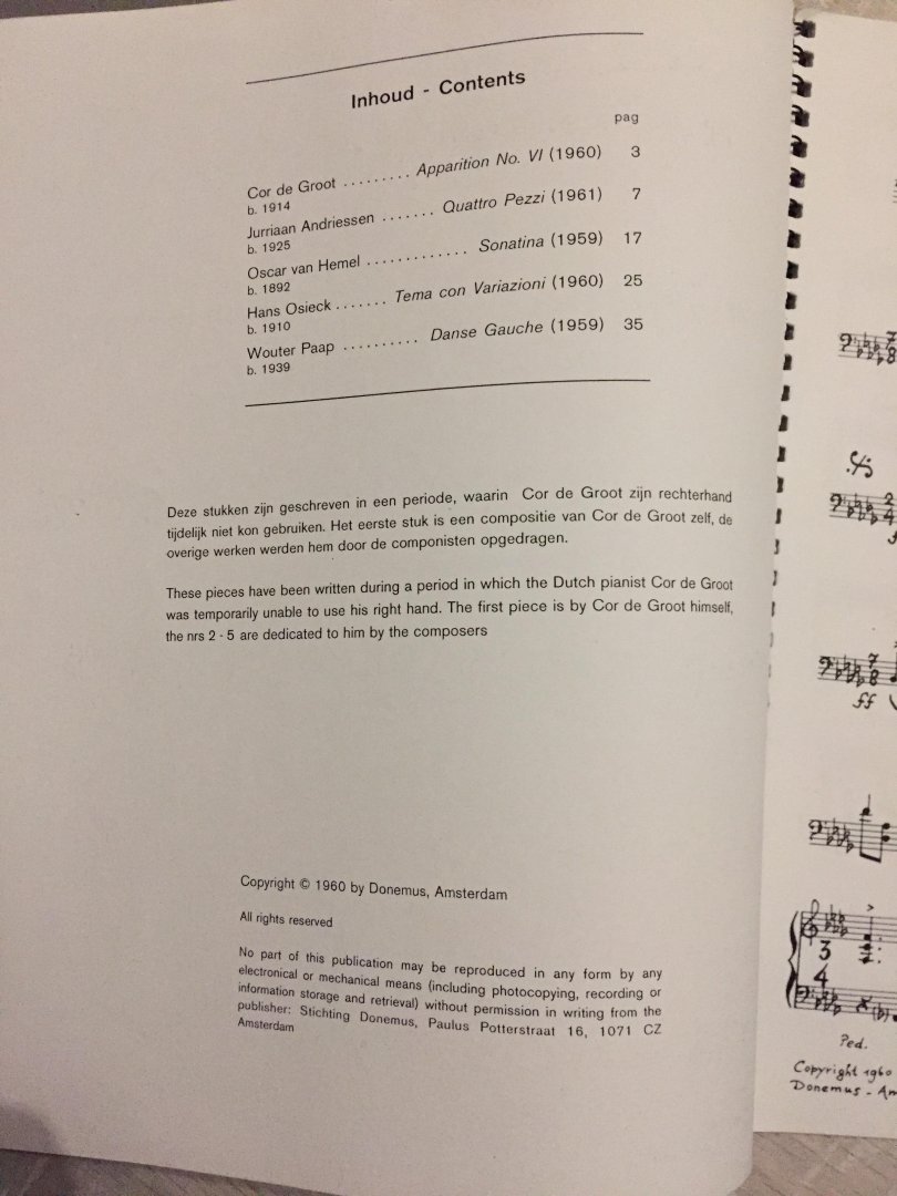 Cor de Groot - Bladmuziek; Mano Sinistra,Vijf stukken van Nederlandse componisten voor piano linkerhand
