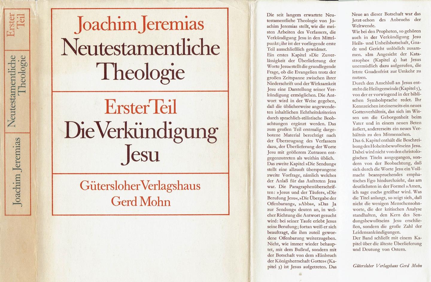 JEREMIAS, Joachim - Neutestamentliche Theologie - Erster Teil - Die Verkündigung Jesu