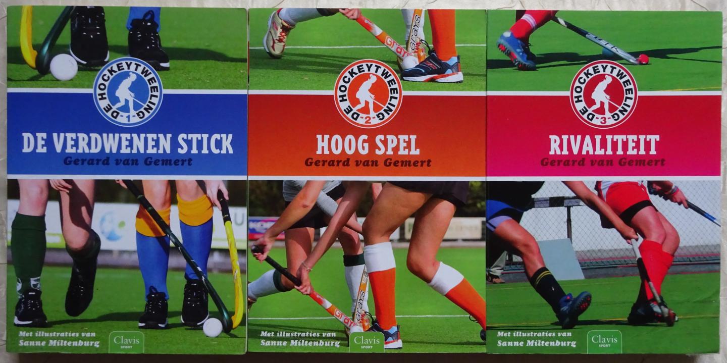 Gemert, Gerard van - 3 boeken - De Hockeytweeling: 1. De verdwenen stick; 2. Hoog Spel; 3. Rivaliteit