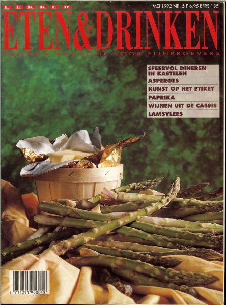 Ton Borghouts * FEESTELIJKE BRUNCH,zoals Avocadosoep met kwarteleitjes,WALDORFSALADE,met kruidensneetjes - ETEN en DRINKEN met Abiance  Mei 1992 nr 5 Zesde jaargang  Gastronomisch magazine * Brietaart met champignonvulling & Symfonie van kleuren Asperges met drie sauzen, rauwe ham en gekookte eieren * Champagnemousse met chocolade kurken