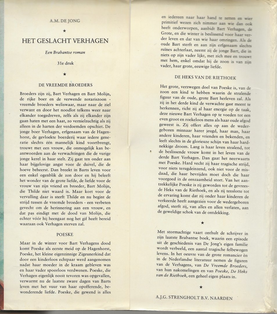 Jong A.M. De .. Omslag Reint de Jong - Het geslacht Verhagen: De vreemde broeders; Poeske; De heks van de Riethoek .. Triologie