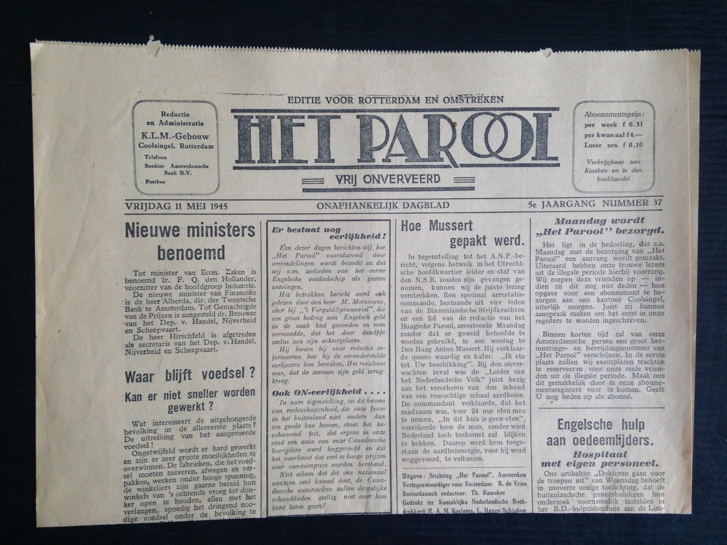 Oorlogskrant - Het Parool, editie Rotterdam en omstreken