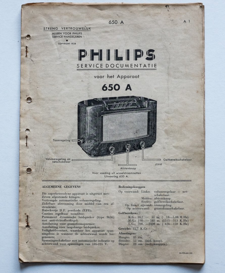  - Philips service documentatie - voor het apparaat 650A - voor voeding uit wisselstroomnetten
