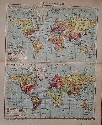 antique map (kaart). - (worl map) Erdkarten. Volksdichte um 1900. Verteilung der Religionen auf der Erde. World maps.