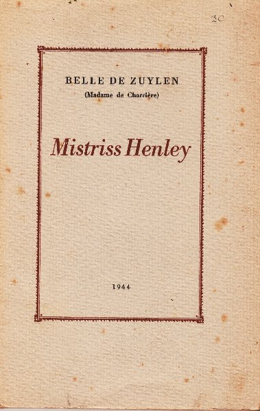 Belle de Zuylen (Madame de Charrière) - Mistriss Henley