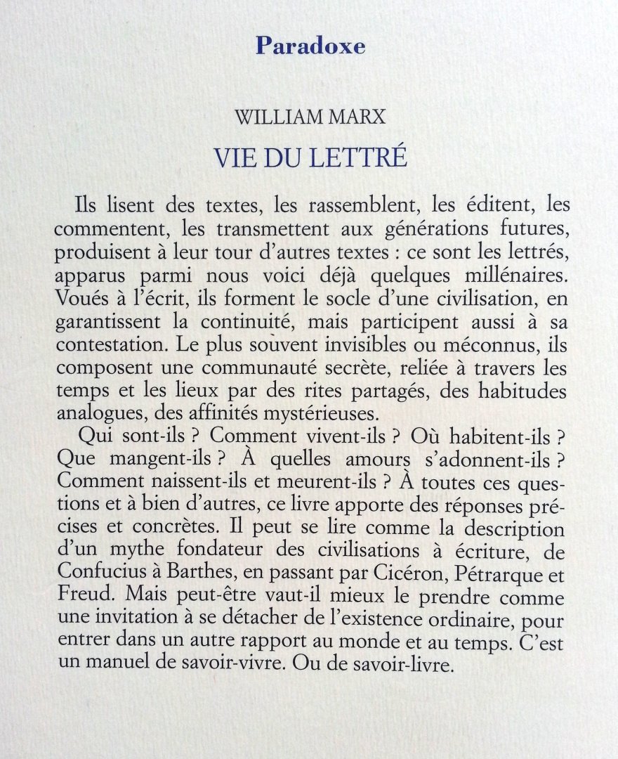 Marx, William - Vie du lettré (FRANSTALIG)