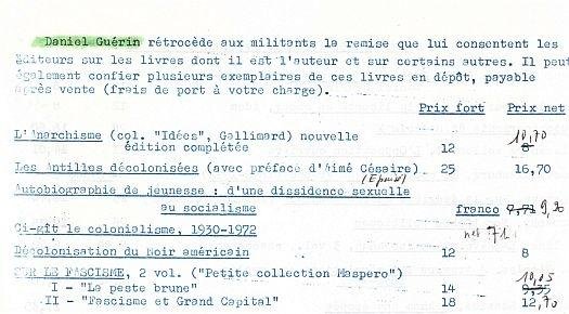 GUÉRIN, Daniel - Typed list of his own books. With SIGNATURE on a little sheet and an envelope.