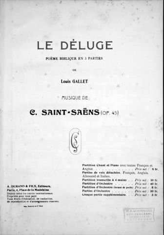 Saint-Saëns, Camille: - Le déluge. Poème biblique en 3 parties de Louis Gallet (Op. 45). Partition chant et piano avec textes Français et Anglais