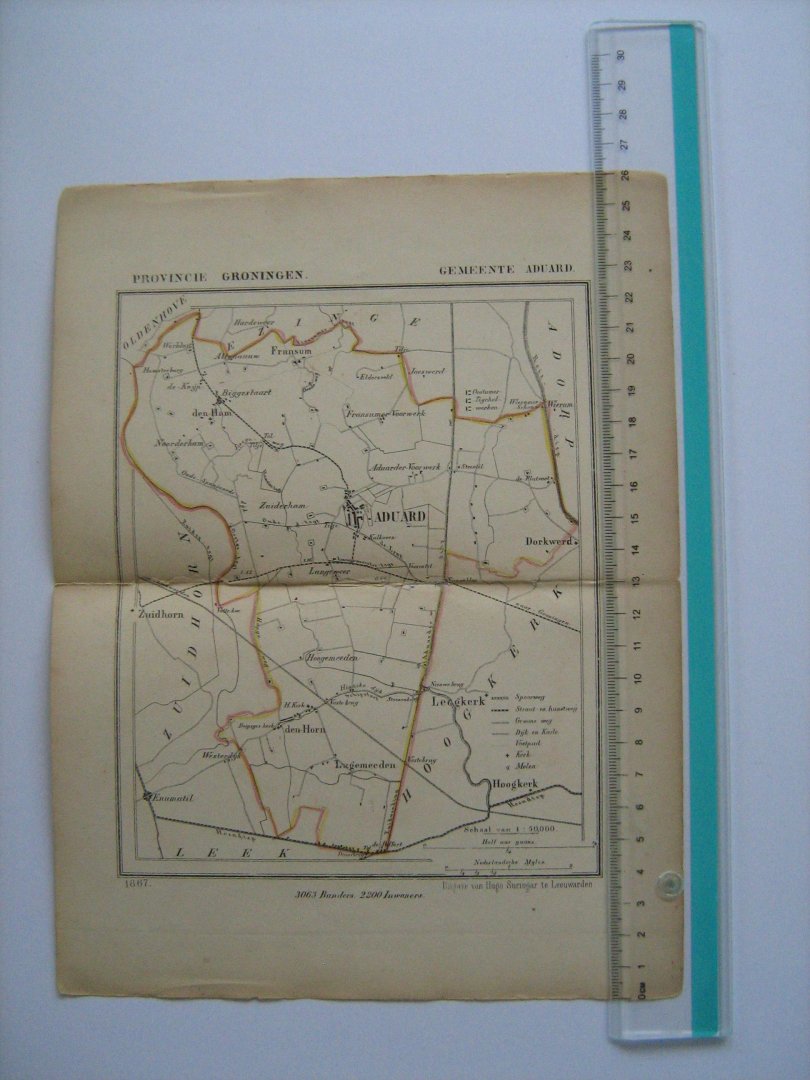  - Oudtijds grensgekleurde lithografie van Gemeente ADUARD, Groningen 1867