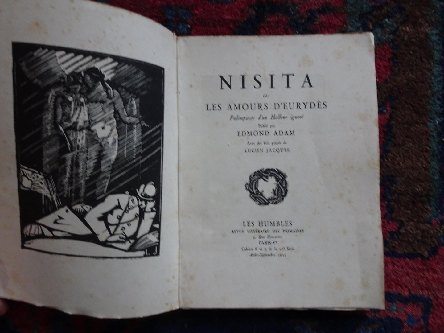 Adam, Edmond - NISITA ou Les amours d'Eurydès. Palimpseste d'un Hellène ignoré. Avec des bois gravés de Lucien Jacques.