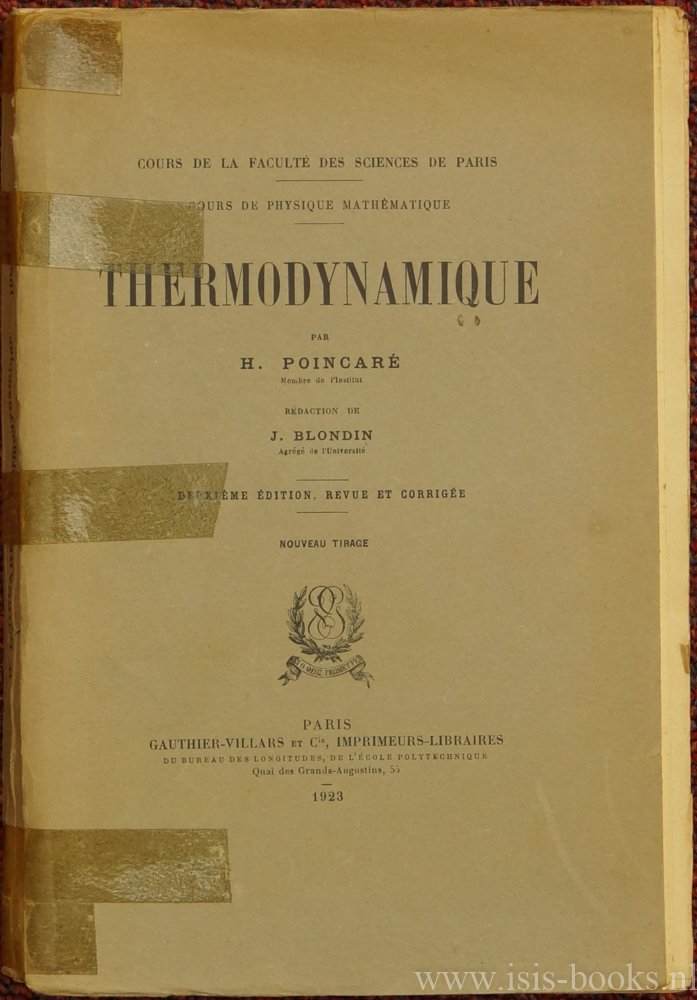 POINCARÉ, H., BLONDIN, J. , (RED.) - Thermodynamique. Cours de physique mathématique.