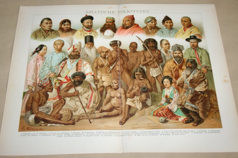  - Antieke kleuren lithografie - Volkeren / Volkstypen van Azië - circa 1905
