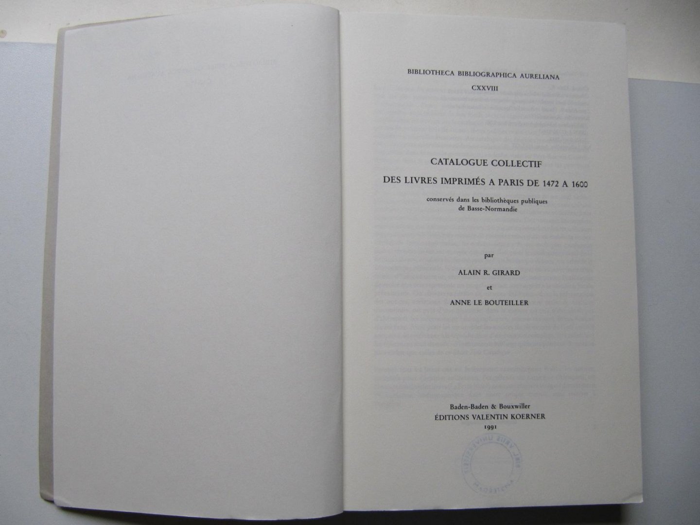 Editions Valentin Koerner - Catalogue Collectif Des Livres Imprimes a Paris de 1472 A 1600