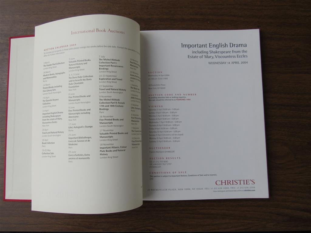  - Auction Catalogue. Important English Drama including Shakespeare from the Estate of Mary, Viscountess Eccles  Wednesday 14 april 2004