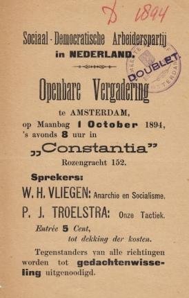 SOCIAAL-DEMOCRATISCHE ARBEIDERSPARTIJ IN NEDERLAND - Openbare vergadering te Amsterdam op Maandag 1 October 1894 in Constantia, Rozengracht 152. (Origineel document).