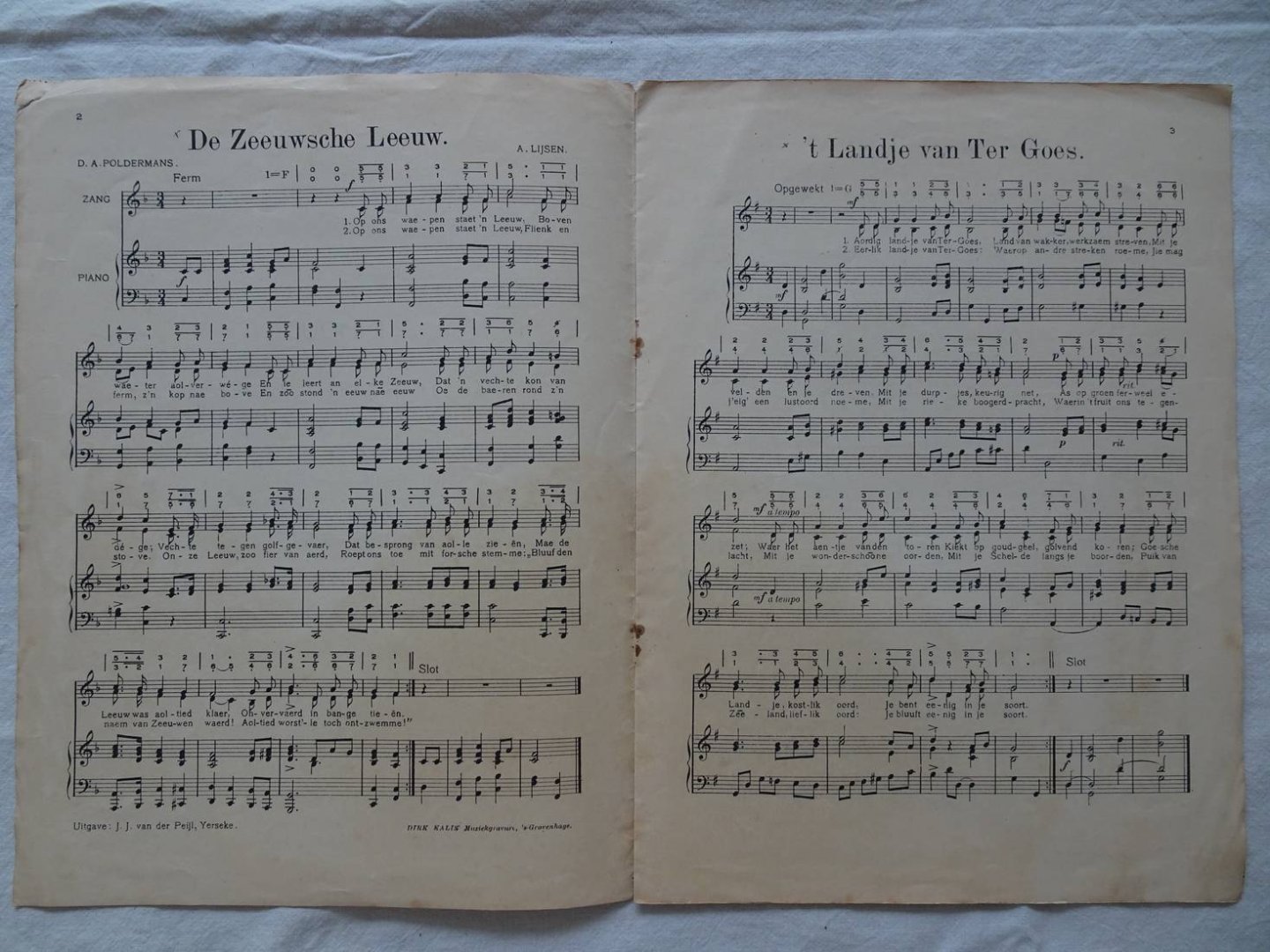 Poldermans, D.A. & A. Lijsen. - De Zeeuwsche Leeuw/ 't Landje van ter Goes/ Winter/ Den boogerd bloeit/ 't regent bobbels/ 't Keezewachtertje. Bladmuziek.